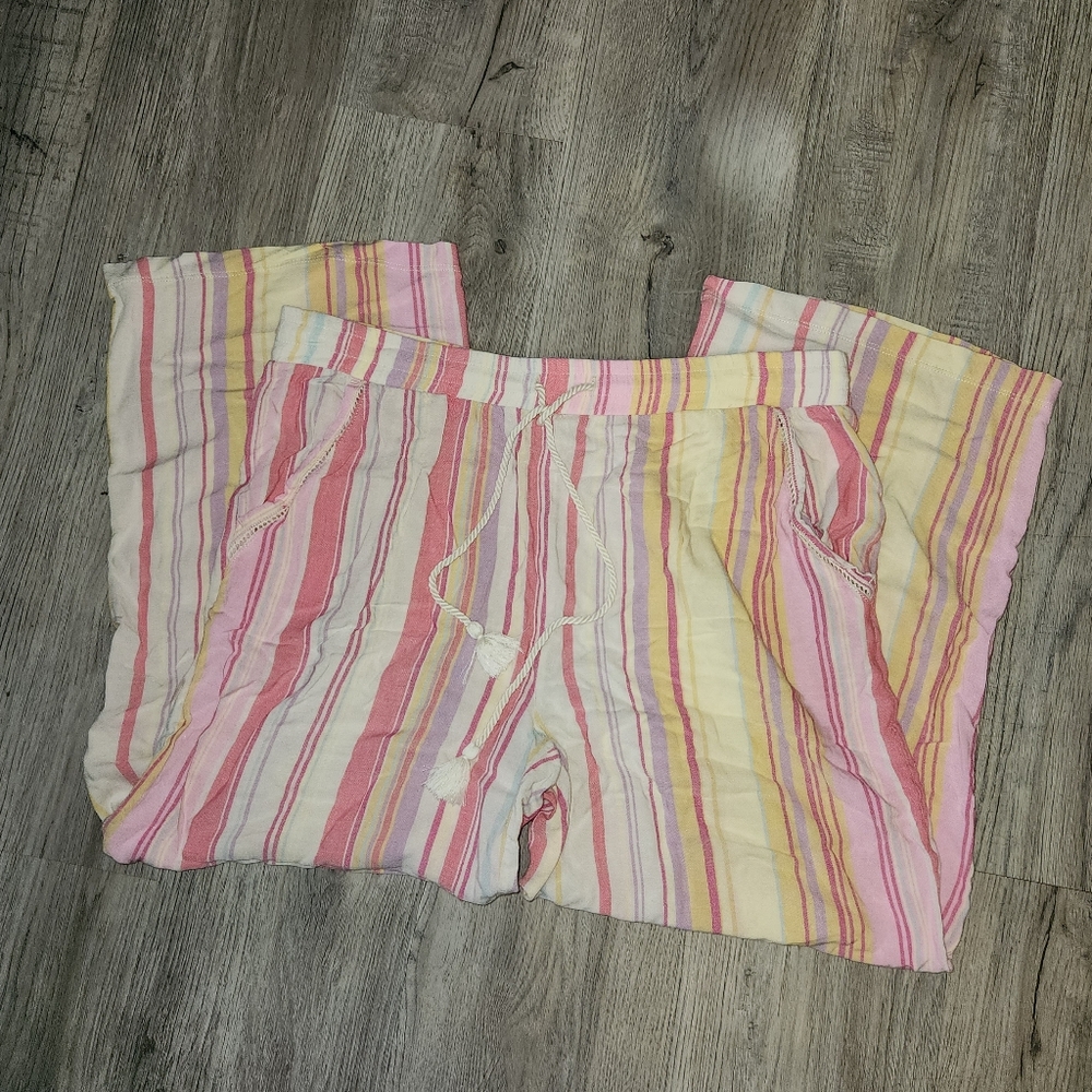 PJ SALVAGE Pink Yellow Striped Beachy Straightleg Trousers | Large